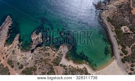 Aerial. View From The Sky Of The Beach Of Ingrina Villa To Bishpo. Portugal Algarve.