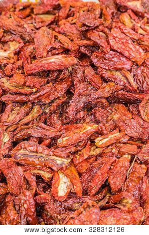Ventimiglia Italy. 14 June 2019. A Colourful Display Of Dried Tomatoes At The Local Market In Ventim
