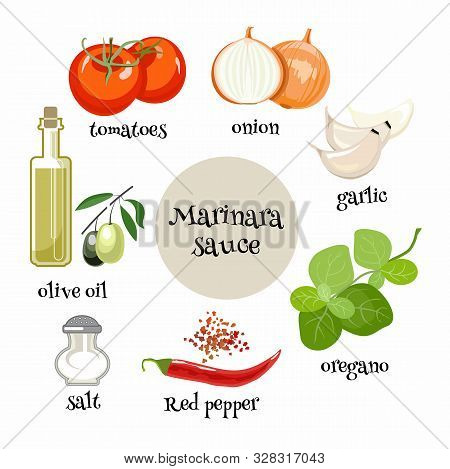 Set Of Italian Marinara Sause Ingredients. Tomatoes, Onion, Garlic, Oregano, Olive Oil, Red Pepper A