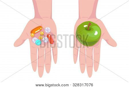 Choosing Between Medicine Pills And Natural Treatment. Making Decision Between Organic Nutrition And