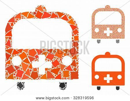 Medical Bus Mosaic Of Uneven Elements In Variable Sizes And Color Tints, Based On Medical Bus Icon. 