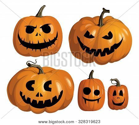 Pumpkin Jack Skeleton Face Vector Set. Halloween Pumpkins Isolated. Realistic Orange Pumpkin.