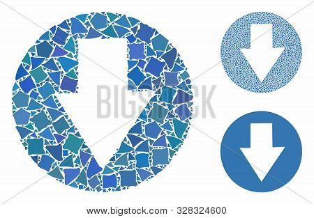 Down Composition Of Ragged Pieces In Variable Sizes And Shades, Based On Down Icon. Vector Rough Pie