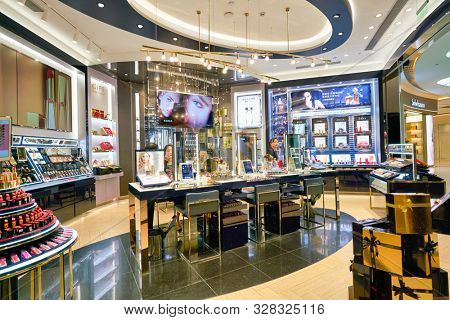SHENZHEN, CHINA - CIRCA APRIL, 2019: cosmetics products on display at Estee Lauder store in Coastal City shopping mall.