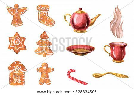 Watercolor Hand-drawn Tea Set With Teapot, Teacup, Saucer, Teaspoon, Red Candy And Gingerbread. The 