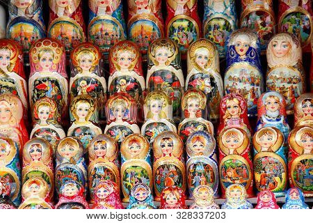 Moscow, Russia-august 2019: Russian National Toy Matryoshka At The Exhibition-sale In Izmailovsky Kr