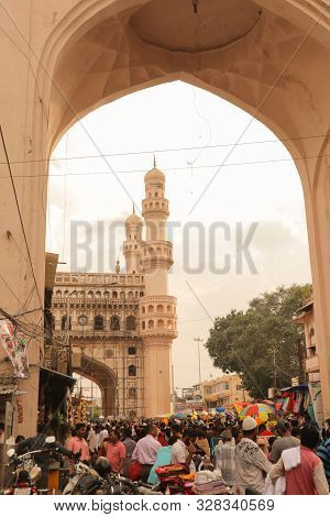 Hyderabad, India October 12, 2019 - Busy Crowd Near Charminar Through Arch