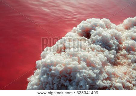 Salt mining. Salty pink lake with crystals of salt. Extremely salty pink lake, colored by microalgae with crystalline salt depositions in Torrevieja, Spain