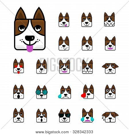 Big Set Of Brown Dog Flat Cartoon Emoticon Faces Character Of A Dog. Icon Pack. Emoji Isolated On Wh