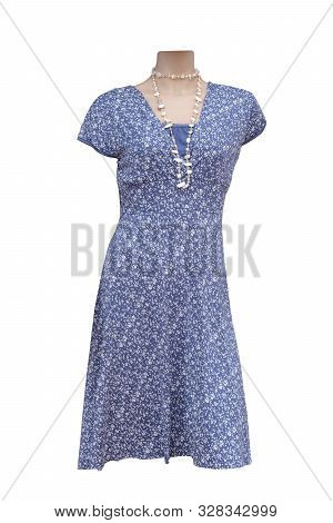 Dress Isolated. Closeup Of Colorful Blue White Elegant Stylish Sleeveless Summer Dress On Mannequin 