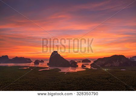 Samet Nangshe Viewpoint At Sunset With Andaman Sea In Phang Nga Bay, Tourist Attraction In Summer Se
