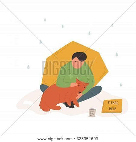 Homeless Man On A Street In A Rain With His Dog.