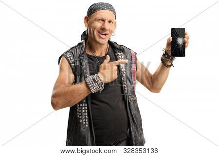 Punker pointing to a smartphone with a broken screen isolated on white background
