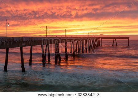 Fiery Sunset Over Pacifica Municipal Pier. Pacifica, San Mateo County, California, Usa.