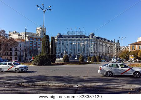 Madrid, Spain - January 22, 2018: Neptuno Fountain In City Of Madrid, Spain