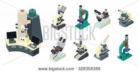 Microscope Icons Set. Isometric Set Of Microscope Vector Icons For Web Design Isolated On White Back