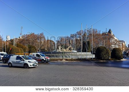 Madrid, Spain - January 22, 2018: Neptuno Fountain In City Of Madrid, Spain
