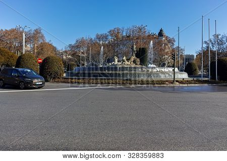 Madrid, Spain - January 22, 2018: Neptuno Fountain In City Of Madrid, Spain