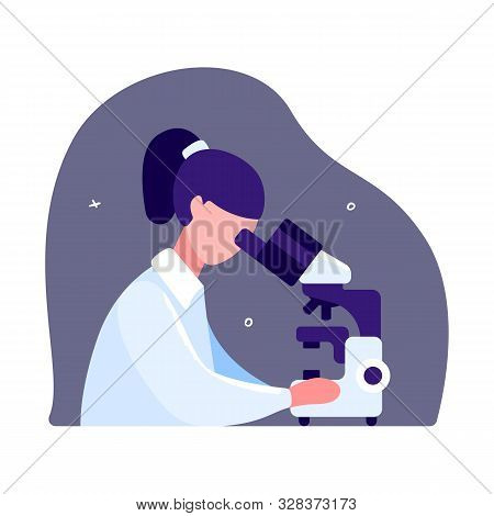 Female Scientist Sitting At A Table And Looking Through A Microscope. The Study Of Microorganisms An