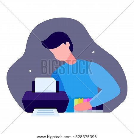 Man Connects And Sets Up A Continuous Ink System To Printer. He Checks The Correct Operation Of Offi