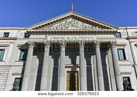Madrid, Spain - January 22, 2018: Building Of Congress Of Deputies (congreso De Los Diputados) In Ci