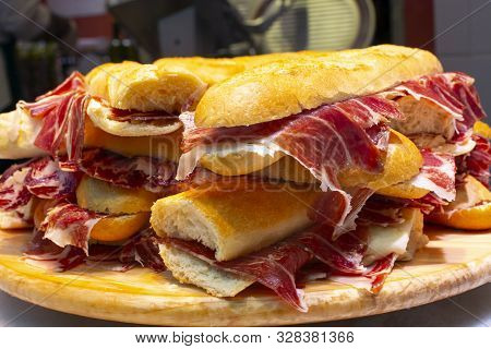 Spanish Street Food Bocadillo Fresh Bread With Jamon Iberico Ready To Eat