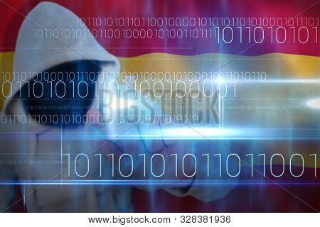 Robber touhing glass against blue technology design with binary code