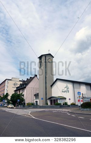 Hanau, Germany - June 16: A Street In Downtown Hanau At The Catholic Parish Of Sankt Joseph On June 