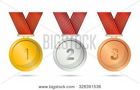 Realistic Award Medals. Set Of Gold, Silver And Bronze Award Medals On White - Stock Vector