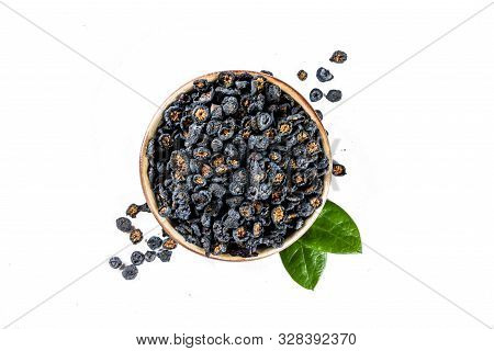 Heap Of Sun Dried Blueberries Isolated On White Background. Top View