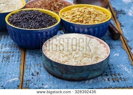 Different Types Of Rice, White Basmati, Jasmine, Arborio, Brown And Black