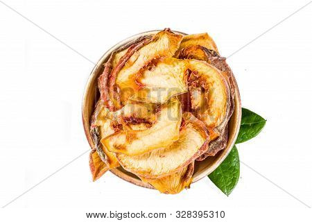 Heap Of Sun Dried Peach Slices Isolated On White Background. Top View
