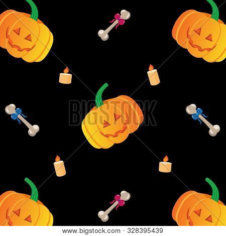 Vector Seamless Background With Cartoon Halloween Pumpkin, Candle, And A Bone With A Bow.