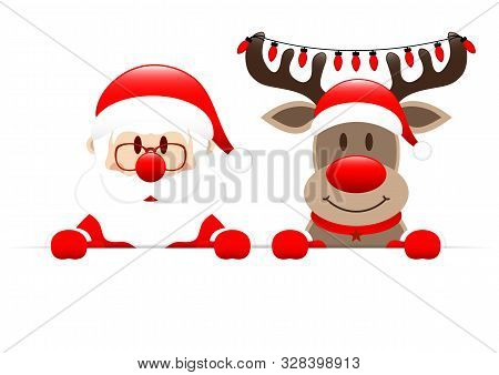Santa Claus And Reindeer With Christmas Lights Holding Horizontal Banner
