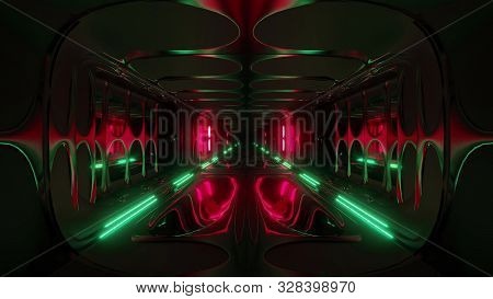 Endless Futuristic Scifi Science-fiction Alien Space Tunnel Corridor Space Hangar 3d Illustration Ba