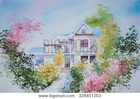 Watercolor Painting Of A House And Beautiful Colorful Flower Garden