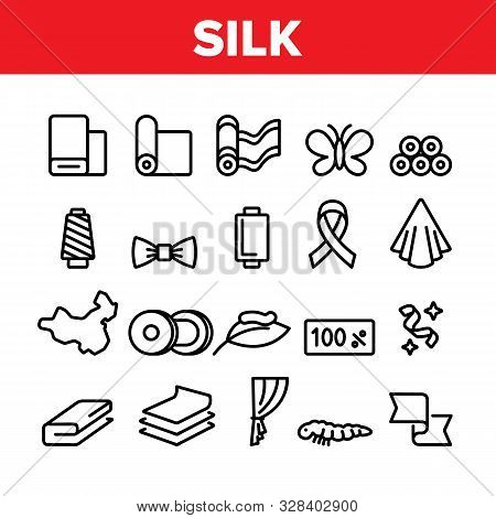 Silk Collection Fabric Elements Icons Set Vector Thin Line. Textile And Cotton, Wool And Silk Materi