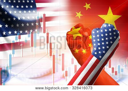 Usa And China Flag Print Screen On Arm Wrestle Hand With Coins And Stock Market Chart .it Is Symbol 
