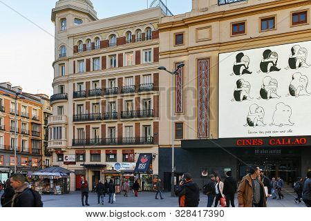 Madrid, Spain - January 22, 2018: Sunset View Of Callao Square (plaza Del Callao) In City Of Madrid,