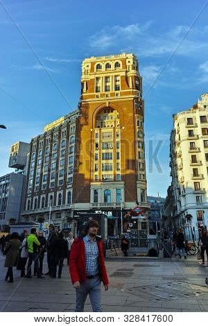 Madrid, Spain - January 22, 2018: Sunset View Of Callao Square (plaza Del Callao) In City Of Madrid,