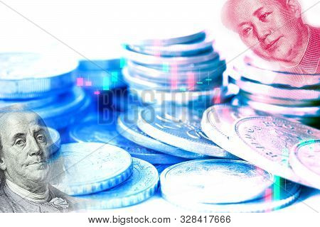 Usa And China Flag On Coins And Stock Market Chart .it Is Symbol Of Economic Tariffs Trade War And T