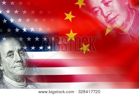 Usa And China Flag On Coins And Stock Market Chart .it Is Symbol Of Economic Tariffs Trade War And T