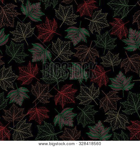 Vector Illustration. Colorful Outlined Maple Fall Leaves On Black Background Seamless Repeat Pattern
