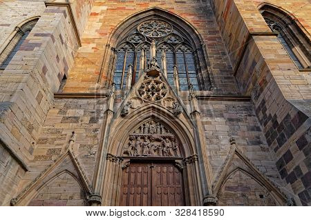 Colmar, France, October 11, 2019 : The Cathedral Of Colmar At Sunset. The City Is Renowned For Its W