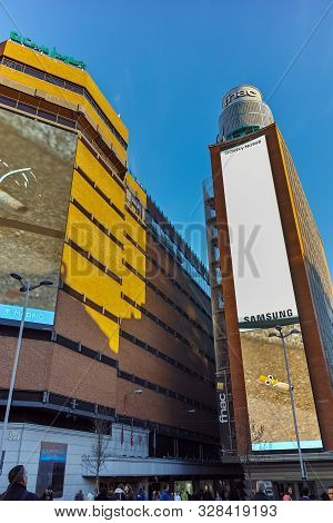 Madrid, Spain - January 22, 2018: Sunset View Of Callao Square (plaza Del Callao) In City Of Madrid,