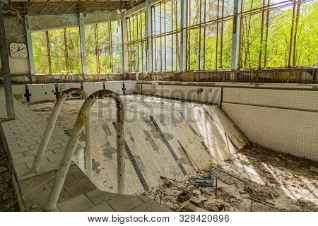 Chernobyl zone. Swimming pool in the city of Pripyat in Ukraine. Exclusion Zone.