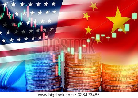 Usa And China Flag On Coins And Stock Market Chart .it Is Symbol Of Economic Tariffs Trade War And T