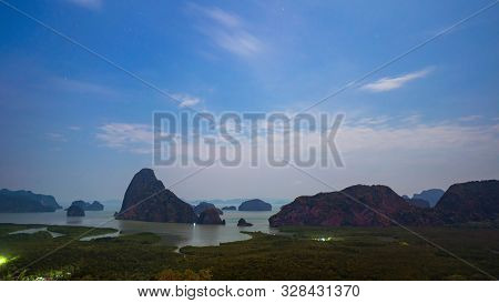 Samet Nangshe Viewpoint At Night With Andaman Sea In Phang Nga Bay, Tourist Attraction In Summer Sea