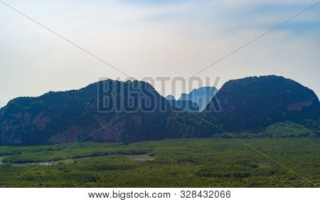 Samet Nangshe Viewpoint At Sunset With Andaman Sea In Phang Nga Bay, Tourist Attraction In Summer Se