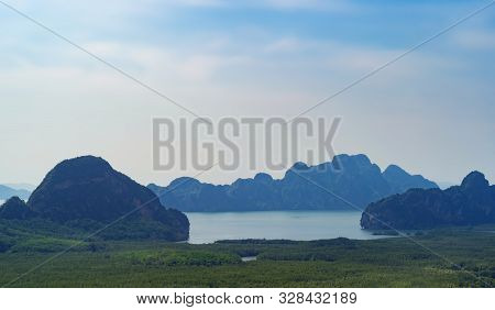Samet Nangshe Viewpoint At Sunset With Andaman Sea In Phang Nga Bay, Tourist Attraction In Summer Se